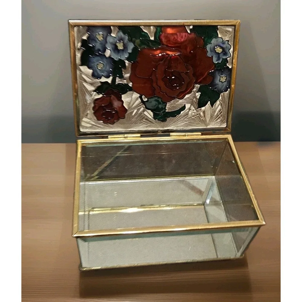 Joan Baker Design Stained Glass Mirrored Red Roses  Floral Jewelry Trinket Box